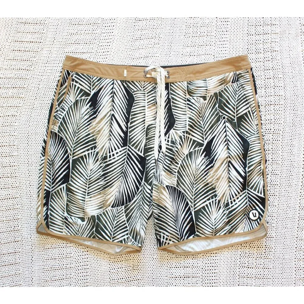 Vuori Men's Board Short Size 38 Brown Trunk casual Palm Leaves print drawstring